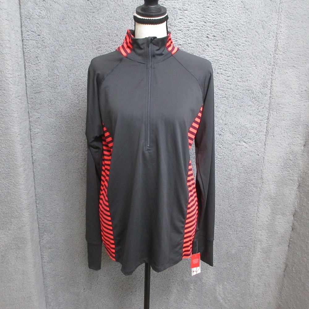 Hannah Shirt Womens XL Black Orange Stripe 1/4 Zip Mock Neck Long Sleeve Running